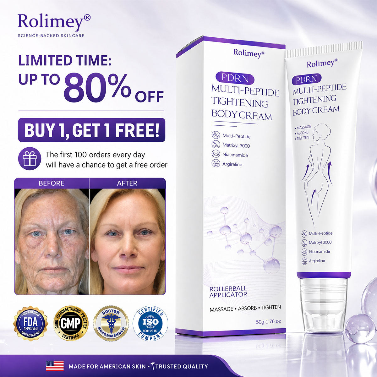 🔥Rolimey® PDRN Multi-Peptide Massaging Roller Cream - Anti-aging, Hydrating, Skin Firming & Lifting, Skin Repair, Even Tone, Acne and Dark Spot Treatment, Wart and Mole Removal, and Psoriasis Relief.