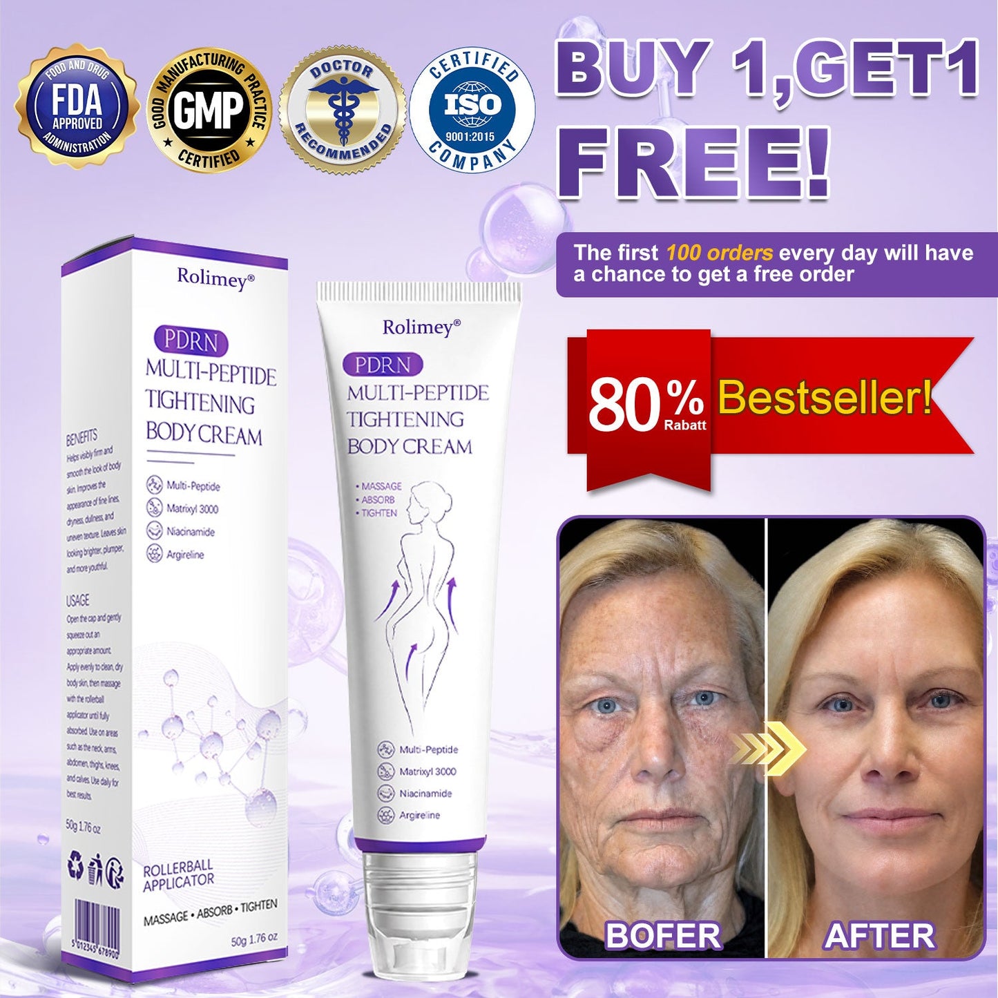 🔥Rolimey® PDRN Multi-Peptide Massaging Roller Cream - Anti-aging, Hydrating, Skin Firming & Lifting, Skin Repair, Even Tone, Acne and Dark Spot Treatment, Wart and Mole Removal, and Psoriasis Relief.