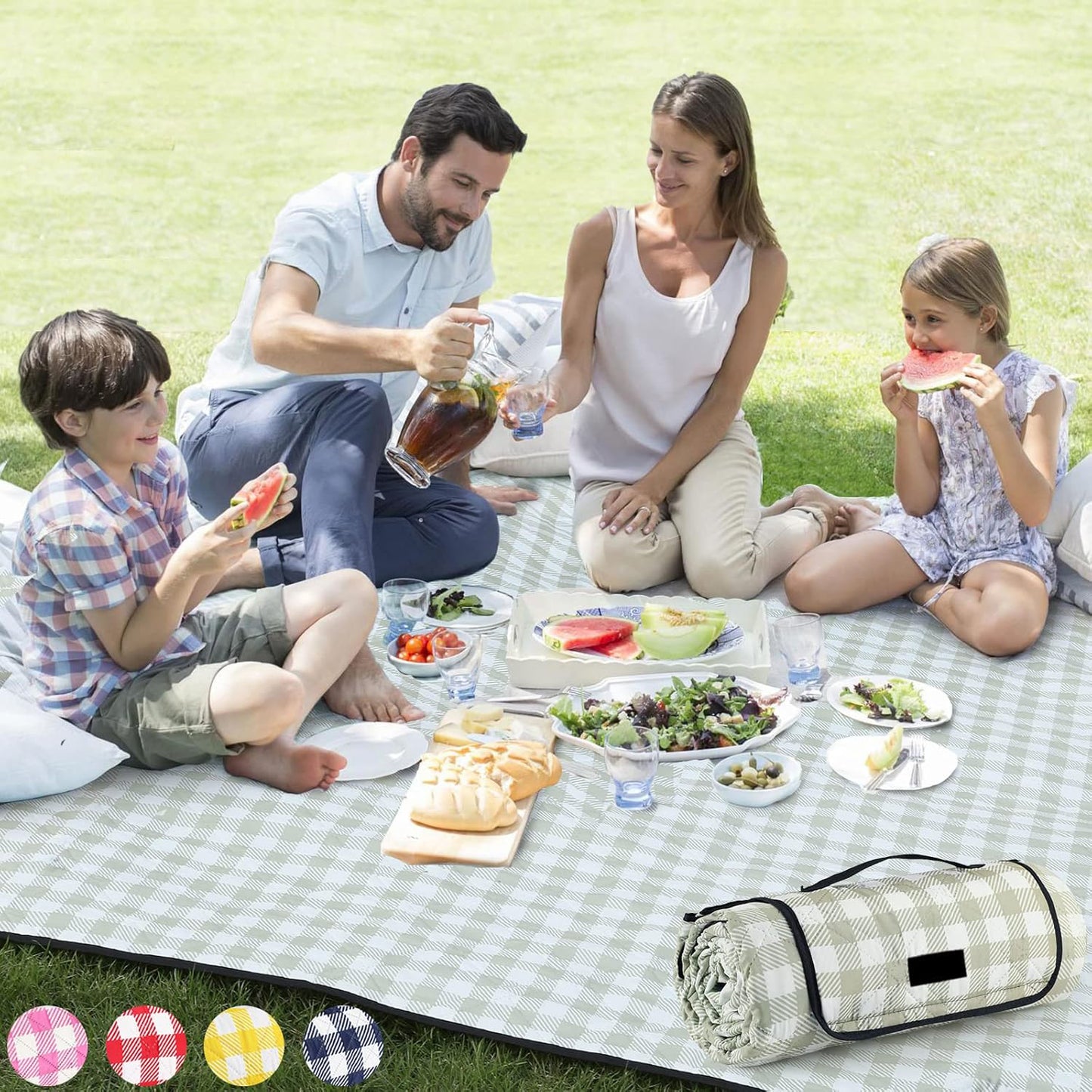 Extra Large Picnic Outdoor Blanket, 80''x80'' 🧺Waterproof Foldable Blankets Gingham Picnic Mat for Beach, Camping Grass Lawn Park Accessories Cute Couple Gifts Ideas Wedding Registry(Green White)