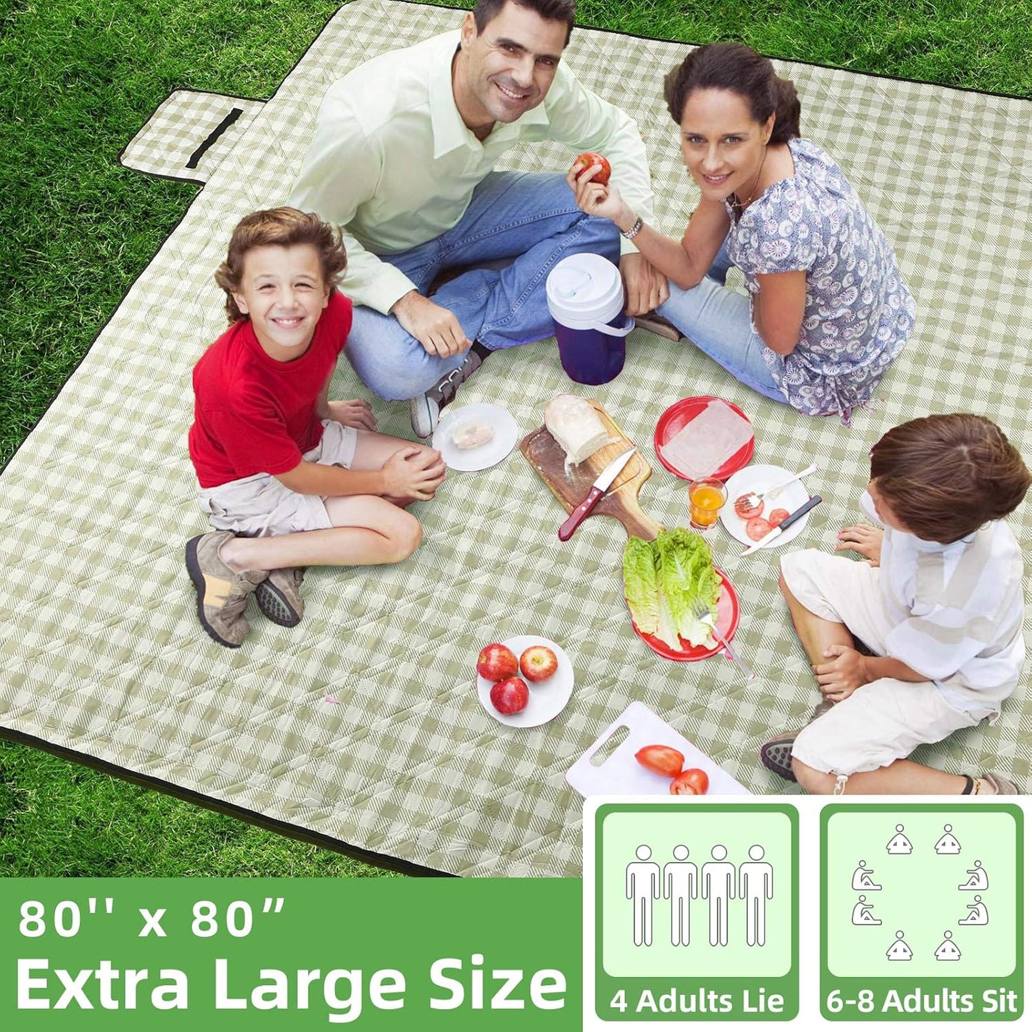 Extra Large Picnic Outdoor Blanket, 80''x80'' 🧺Waterproof Foldable Blankets Gingham Picnic Mat for Beach, Camping Grass Lawn Park Accessories Cute Couple Gifts Ideas Wedding Registry(Green White)