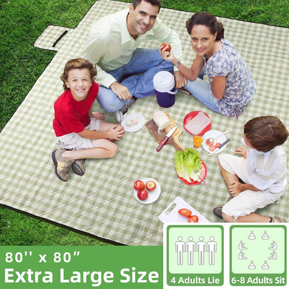 Extra Large Picnic Outdoor Blanket, 80''x80'' 🧺Waterproof Foldable Blankets Gingham Picnic Mat for Beach, Camping Grass Lawn Park Accessories Cute Couple Gifts Ideas Wedding Registry(Green White)