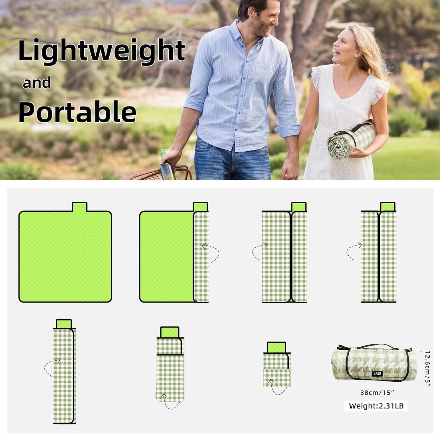 Extra Large Picnic Outdoor Blanket, 80''x80'' 🧺Waterproof Foldable Blankets Gingham Picnic Mat for Beach, Camping Grass Lawn Park Accessories Cute Couple Gifts Ideas Wedding Registry(Green White)