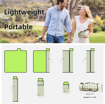 Extra Large Picnic Outdoor Blanket, 80''x80'' 🧺Waterproof Foldable Blankets Gingham Picnic Mat for Beach, Camping Grass Lawn Park Accessories Cute Couple Gifts Ideas Wedding Registry(Green White)