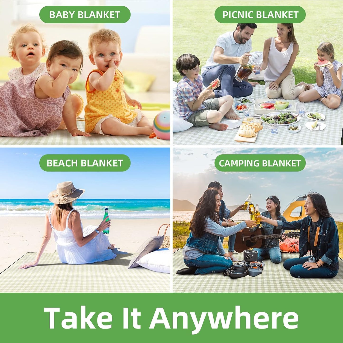 Extra Large Picnic Outdoor Blanket, 80''x80'' 🧺Waterproof Foldable Blankets Gingham Picnic Mat for Beach, Camping Grass Lawn Park Accessories Cute Couple Gifts Ideas Wedding Registry(Green White)