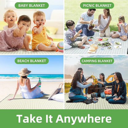 Extra Large Picnic Outdoor Blanket, 80''x80'' 🧺Waterproof Foldable Blankets Gingham Picnic Mat for Beach, Camping Grass Lawn Park Accessories Cute Couple Gifts Ideas Wedding Registry(Green White)