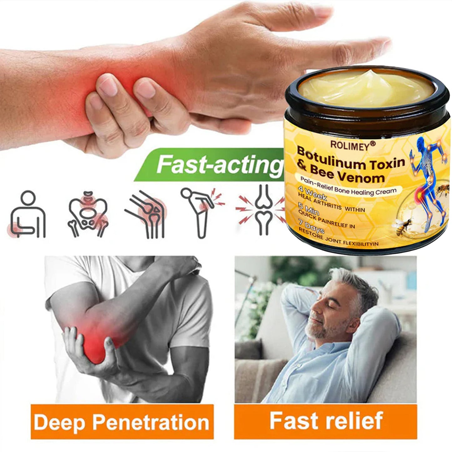 🌟Official Shop:Rolimey® Bee Venom Pain Relief Bone Healing Cream 👨‍⚕️(Reduction of joint swelling, pain, stiffness, redness, heat, muscle soreness and joint fatigue)