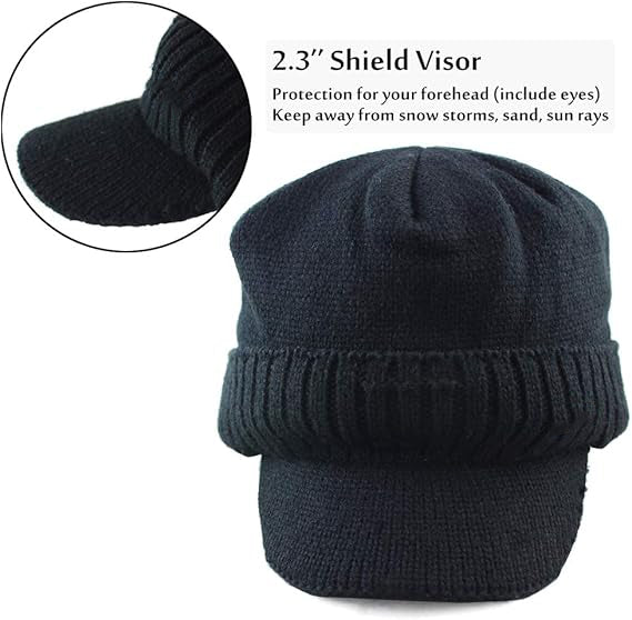 Winter Beanie w/Visor & Earflaps for Men Outdoor Fleece Hat Scarf Set