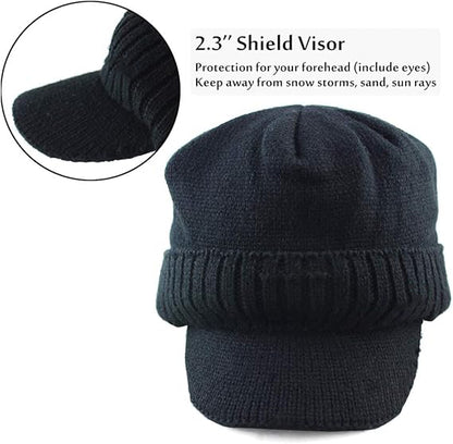 Winter Beanie w/Visor & Earflaps for Men Outdoor Fleece Hat Scarf Set