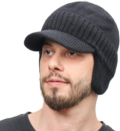 Winter Beanie w/Visor & Earflaps for Men Outdoor Fleece Hat Scarf Set