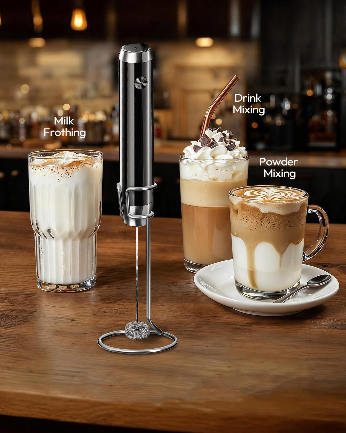 Rechargeable Milk Frother with Stepless Speed Control, LunaFro Max Handheld Electric Foam Maker Waterproof Drink Mixer Foamer with Stand & Detachable Whisks for Lattes, Cappuccino