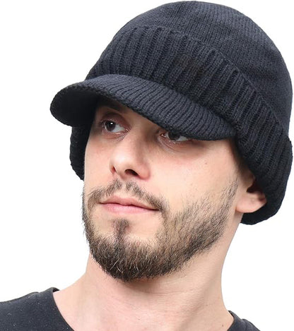 Winter Beanie w/Visor & Earflaps for Men Outdoor Fleece Hat Scarf Set