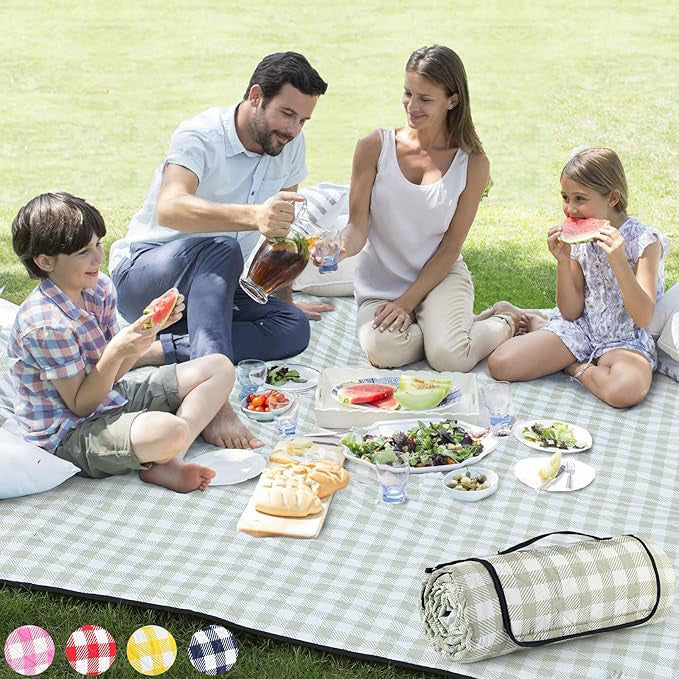 Extra Large Picnic Outdoor Blanket, 80''x80'' 🧺Waterproof Foldable Blankets Gingham Picnic Mat for Beach, Camping Grass Lawn Park Accessories Cute Couple Gifts Ideas Wedding Registry(Green White)