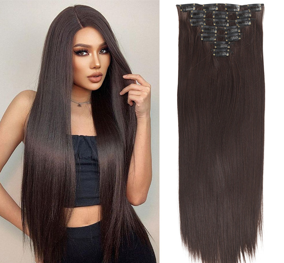 New Year's Special Offer 🎉: Enjoy a 30% Discount 💸 on Women's Hair Extension Clips 💇‍♀️, Approximately 60cm (24 inches) 📏, 160g ⚖️, 7-Piece Set 🎀, Available in Dark Brown 🟤, Chocolate 🍫, and Blonde 💛 for Smooth, Straight Hair ✨.
