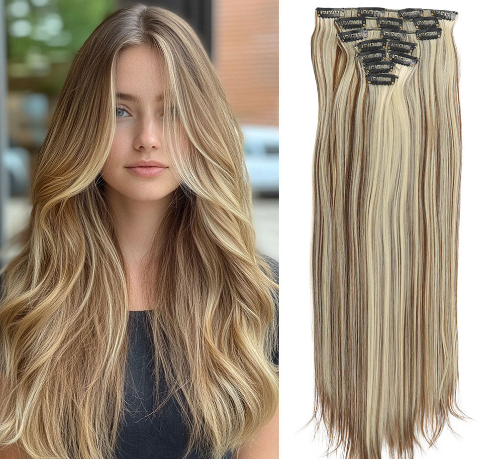 New Year's Special Offer 🎉: Enjoy a 30% Discount 💸 on Women's Hair Extension Clips 💇‍♀️, Approximately 60cm (24 inches) 📏, 160g ⚖️, 7-Piece Set 🎀, Available in Dark Brown 🟤, Chocolate 🍫, and Blonde 💛 for Smooth, Straight Hair ✨.