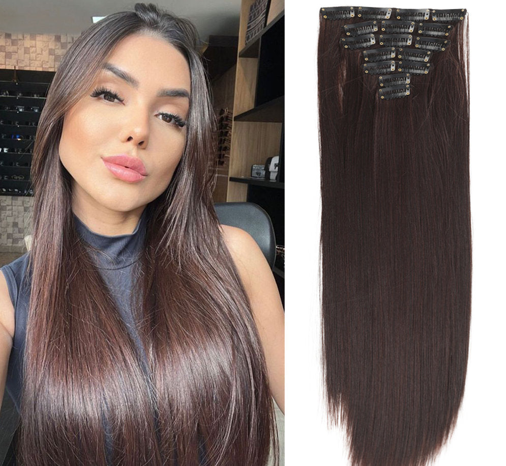 New Year's Special Offer 🎉: Enjoy a 30% Discount 💸 on Women's Hair Extension Clips 💇‍♀️, Approximately 60cm (24 inches) 📏, 160g ⚖️, 7-Piece Set 🎀, Available in Dark Brown 🟤, Chocolate 🍫, and Blonde 💛 for Smooth, Straight Hair ✨.
