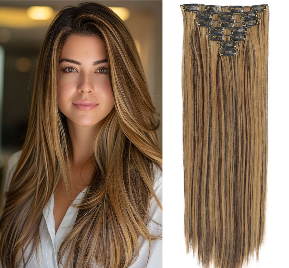 New Year's Special Offer 🎉: Enjoy a 30% Discount 💸 on Women's Hair Extension Clips 💇‍♀️, Approximately 60cm (24 inches) 📏, 160g ⚖️, 7-Piece Set 🎀, Available in Dark Brown 🟤, Chocolate 🍫, and Blonde 💛 for Smooth, Straight Hair ✨.