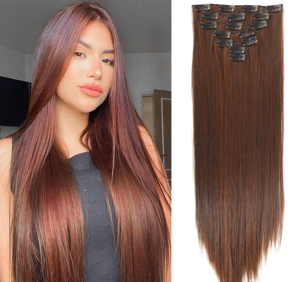 New Year's Special Offer 🎉: Enjoy a 30% Discount 💸 on Women's Hair Extension Clips 💇‍♀️, Approximately 60cm (24 inches) 📏, 160g ⚖️, 7-Piece Set 🎀, Available in Dark Brown 🟤, Chocolate 🍫, and Blonde 💛 for Smooth, Straight Hair ✨.