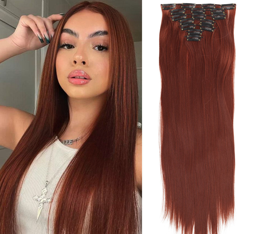 New Year's Special Offer 🎉: Enjoy a 30% Discount 💸 on Women's Hair Extension Clips 💇‍♀️, Approximately 60cm (24 inches) 📏, 160g ⚖️, 7-Piece Set 🎀, Available in Dark Brown 🟤, Chocolate 🍫, and Blonde 💛 for Smooth, Straight Hair ✨.