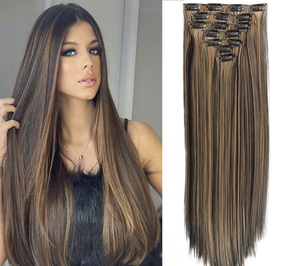 New Year's Special Offer 🎉: Enjoy a 30% Discount 💸 on Women's Hair Extension Clips 💇‍♀️, Approximately 60cm (24 inches) 📏, 160g ⚖️, 7-Piece Set 🎀, Available in Dark Brown 🟤, Chocolate 🍫, and Blonde 💛 for Smooth, Straight Hair ✨.
