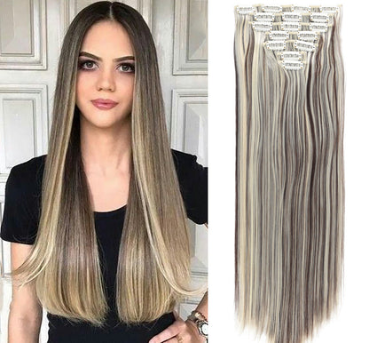 New Year's Special Offer 🎉: Enjoy a 30% Discount 💸 on Women's Hair Extension Clips 💇‍♀️, Approximately 60cm (24 inches) 📏, 160g ⚖️, 7-Piece Set 🎀, Available in Dark Brown 🟤, Chocolate 🍫, and Blonde 💛 for Smooth, Straight Hair ✨.