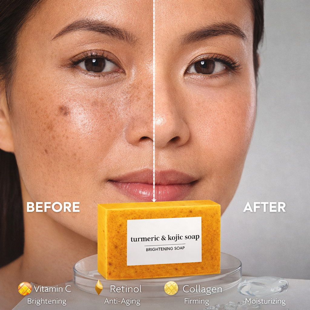 🌟 Kojic Acid Dark Spot Remover Soap Bars – Brightening Miracle 🌟 Vitamin C 🍋 + Retinol ✨ + Collagen 💖 + Turmeric 🌿 Japanese Formula 🇯🇵 | Hyaluronic Acid 💧 | Shea Butter 🧈 & Olive Oil 🫒 3 Pack